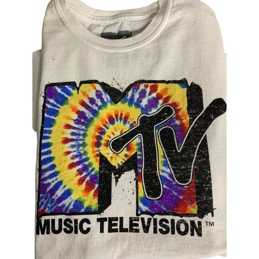 Small MTV Adult Unixex Tshirt Tie Dye Graffiti Logo White Short Sleeve - Picture 2 of 9